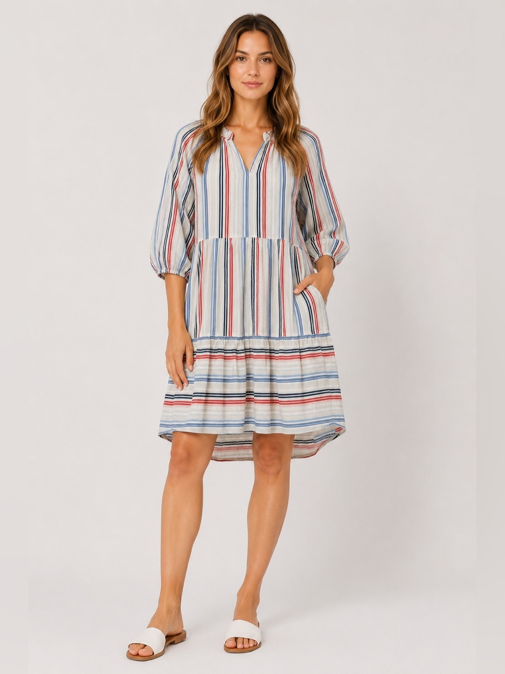 100% Cotton Dress Small Striped Peasant Boho Flowy 3/4 Sleeve Pockets Oversized